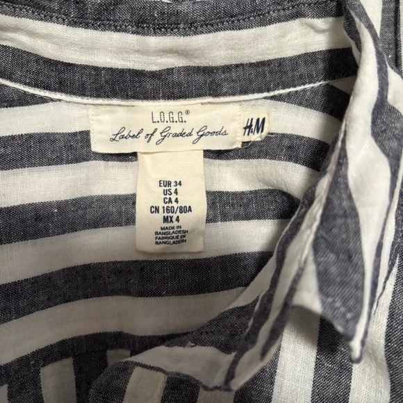 H&M L.O.G.G. navy/white striped LINEN blend button up shirt women's size 4 - Picture 7 of 9